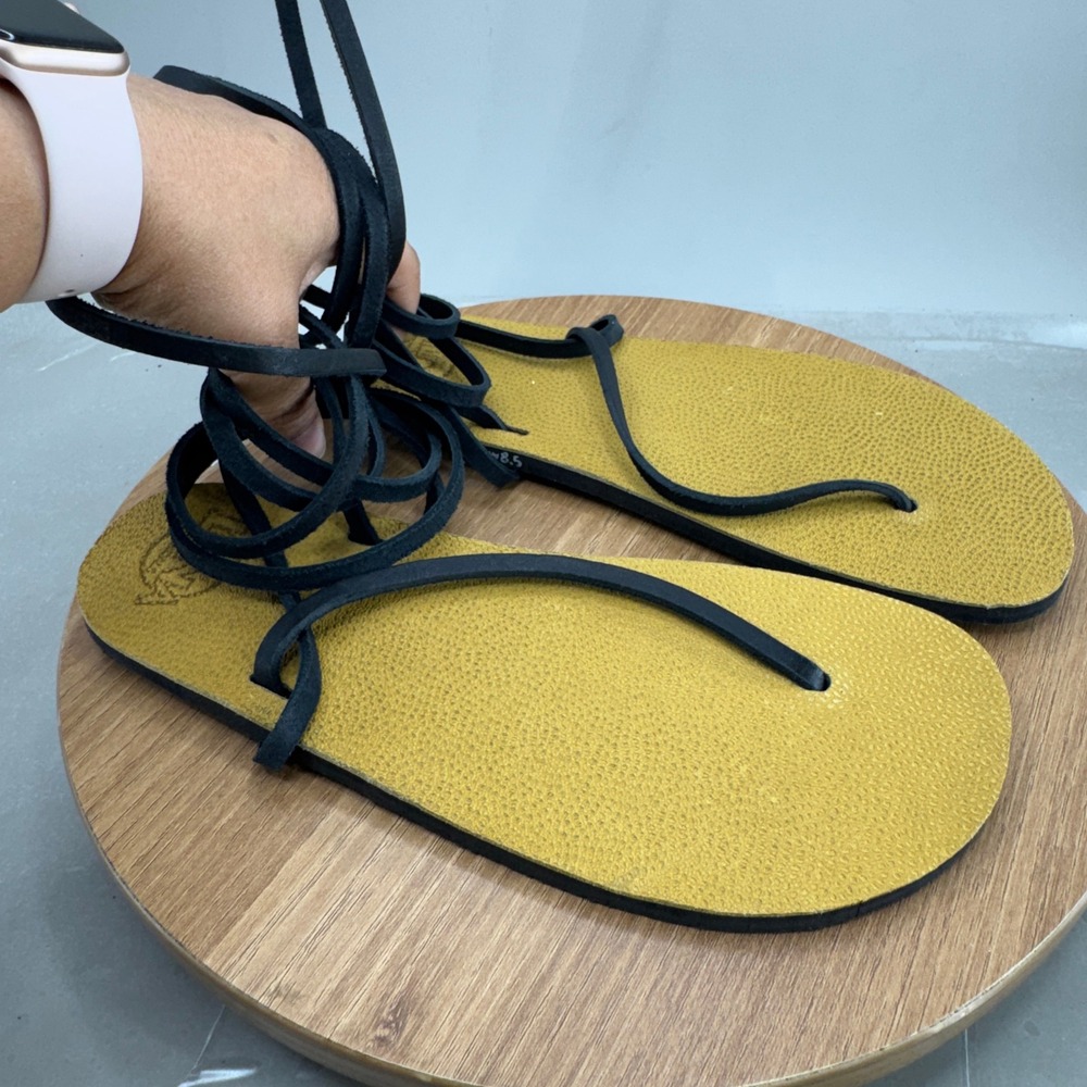 Luna Sandals M6.5 W8.5 Yellow Black Leather Wrap Barefoot Vibram Sole Huarache